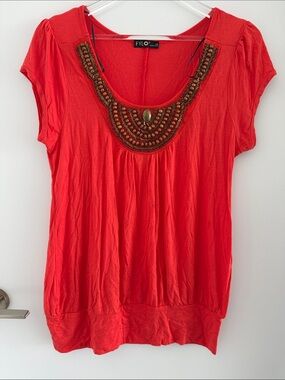 FYLO Bright Orange Beaded Scoop-Neck Tunic Top
